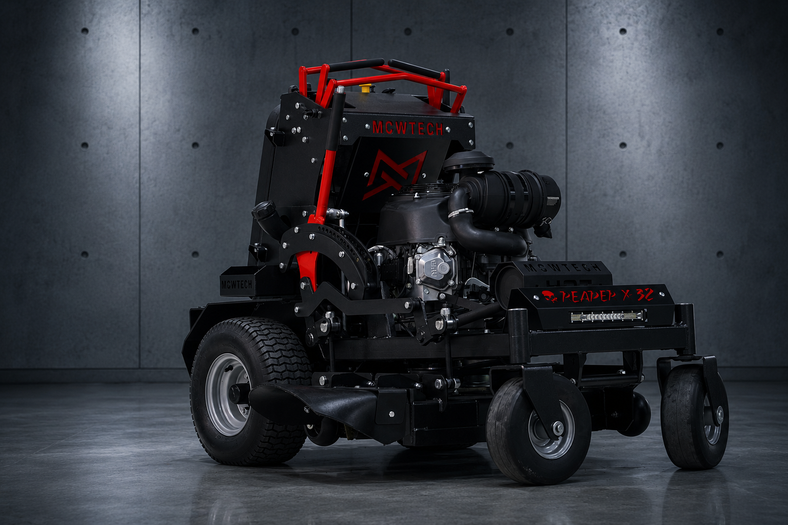 Mowtech Reaper X 32 commercial stand-on mower right side with 26HP commercial engine and Hydro-Gear transmissions