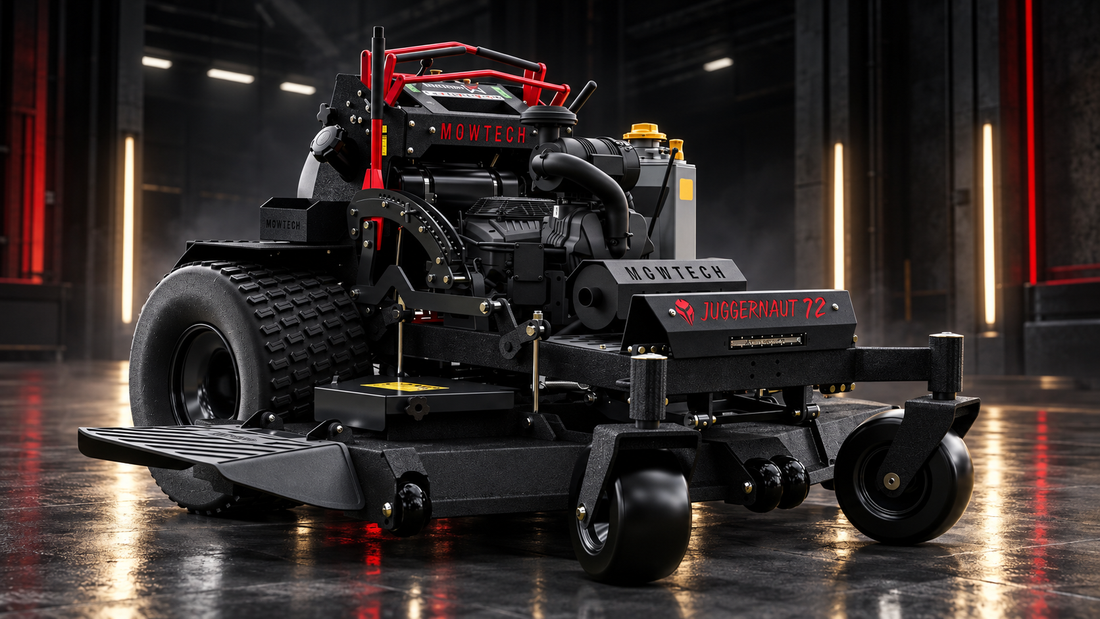MOWTECH Juggernaut 72 XL commercial stand-on mower in a dramatic industrial showroom