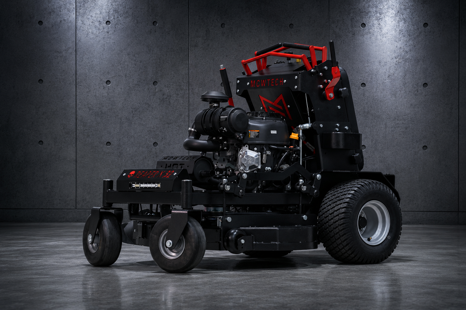 Mowtech Reaper X 32 commercial stand-on mower left side showing compact stand-on design and fabricated steel deck