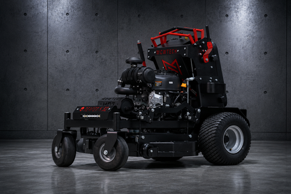 Mowtech Reaper X 32 commercial stand-on mower left side showing compact stand-on design and fabricated steel deck