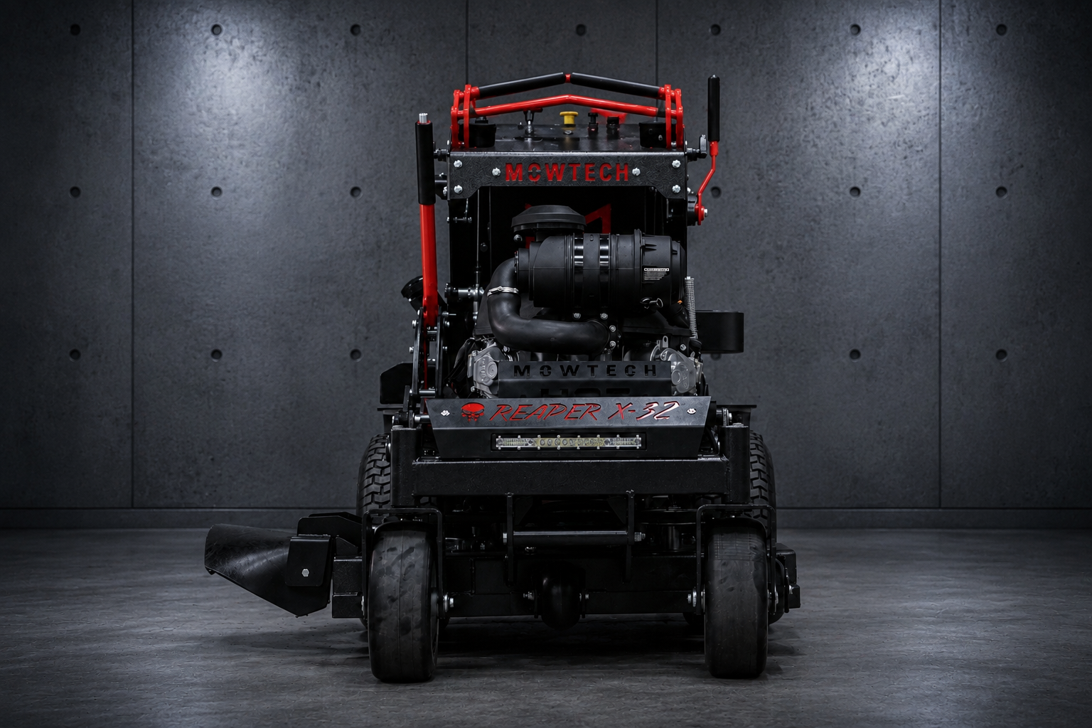 Mowtech Reaper X 32 commercial stand-on mower front view with 32-inch fabricated cutting deck