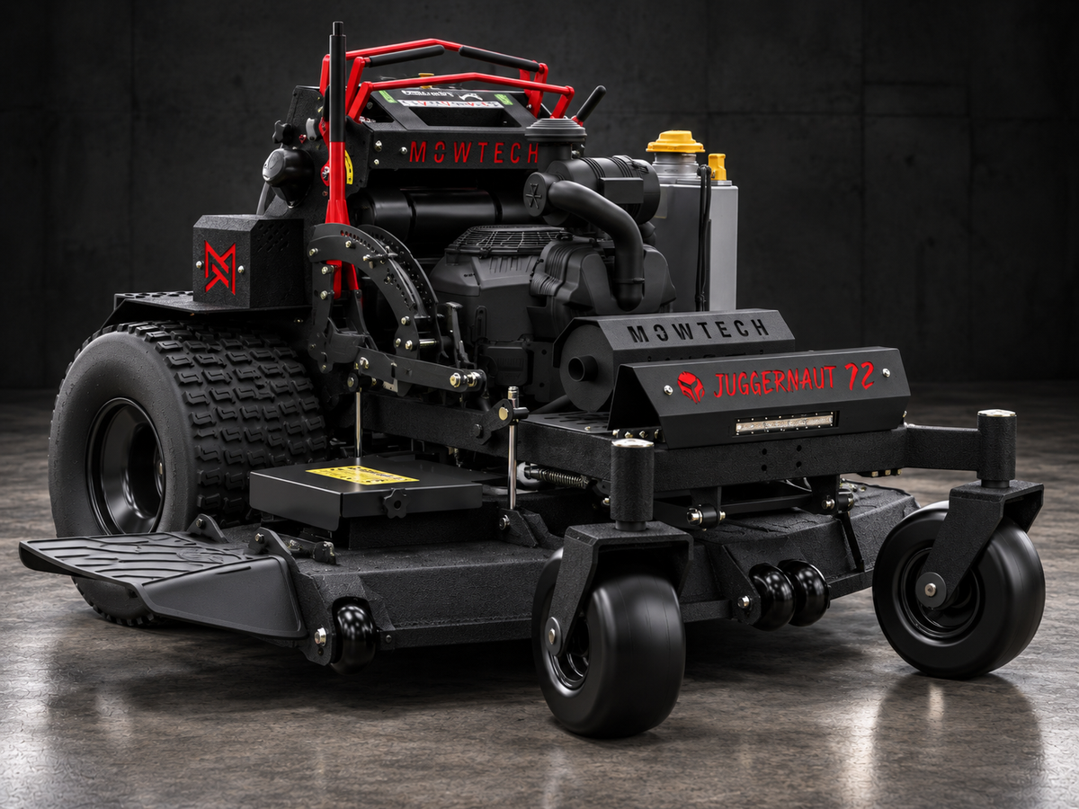 MOWTECH Juggernaut 72 XL commercial stand-on mower front angle in industrial showroom