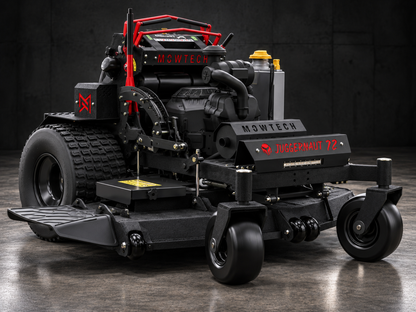 MOWTECH Juggernaut 72 XL commercial stand-on mower front angle in industrial showroom