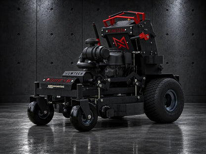 MowTech Reaper X36 commercial lawn mower in black with red handlebars and front caster wheels, front three-quarter view